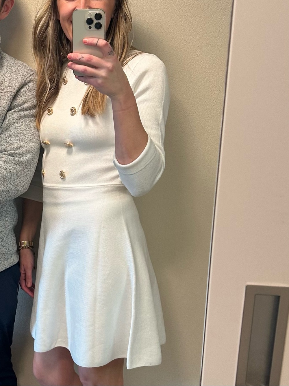 BCX White Double-Breasted Long Sleeve Dress with Gold Buttons